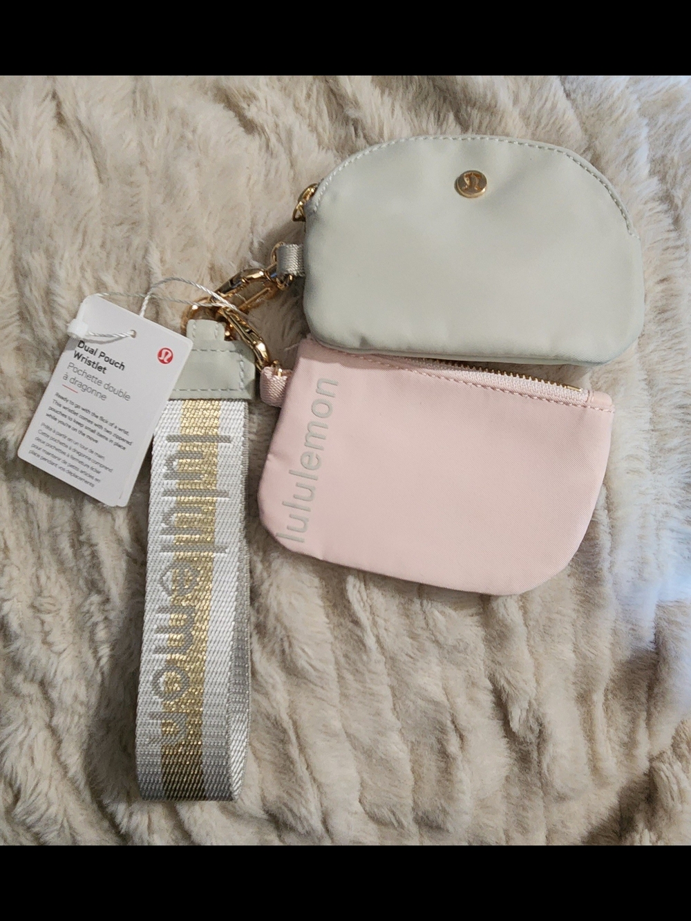Nwt lululemon athletica Dual Pouch Wristlet in Pink and Cream with Gold Accents